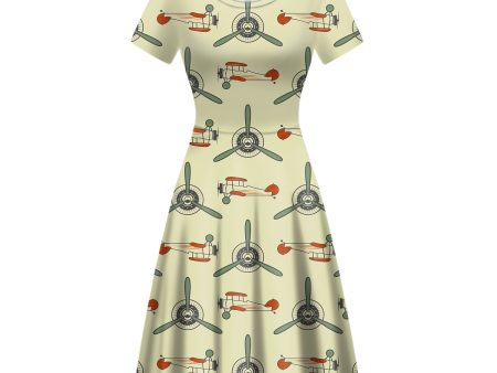 Vintage Old Airplane Designed Women Midi Dress Cheap