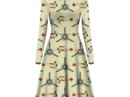 Vintage Old Airplane Designed Long Sleeve Women Midi Dress Sale