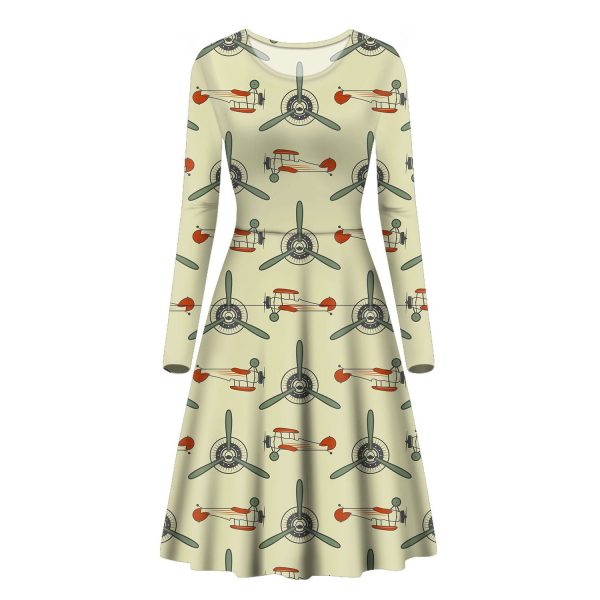 Vintage Old Airplane Designed Long Sleeve Women Midi Dress Sale